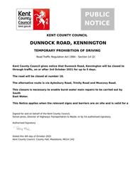 Urgent Road Closure - Dunnock Road, Kennington - 3rd October 2021 (Ashford)