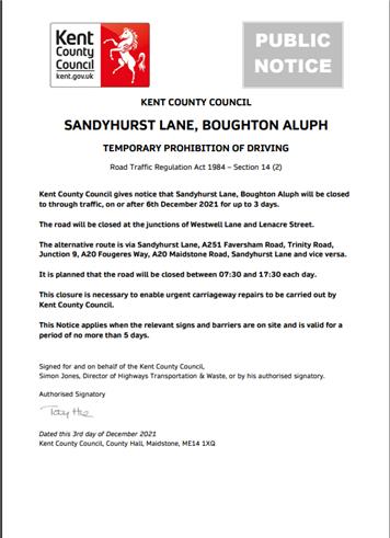  - Sandyhurst Lane Closure **date amended**